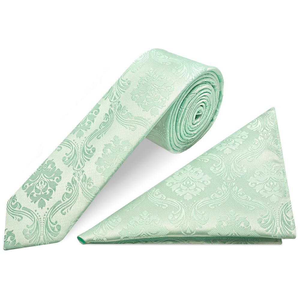 Ties R Us Men's Green Mint Paisley Skinny Tie And Handkerchief Set