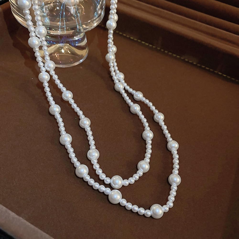 Jumwrit Vintage Layered Pearl Choker Necklace Dainty Chunky Station Chain Multi Strands Pearl Beaded Necklace Boho Party Long Pendant Necklace Statement 1920s Flapper Accessories for Women - Image 6