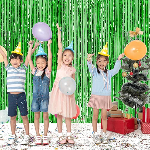 Image of CHRORINE 2pcs 3ft x 8.3ft Green Tinsel Foil Fringe Curtains Streamers Backdrop for Green Birthday Jungle Safari Tropical Party Christmas Decorations