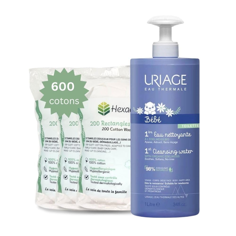 Pack Eau Nettoyante Bébé 1L 600 coton 8x10cm Visage Corps