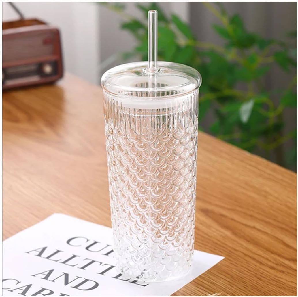 Exquisite Creative Glass Cup with lid and Straw iced Coffee Glasses Juice Beverage Glasses Tea Mug Drinking Cups Travel Cup 750ml Practical