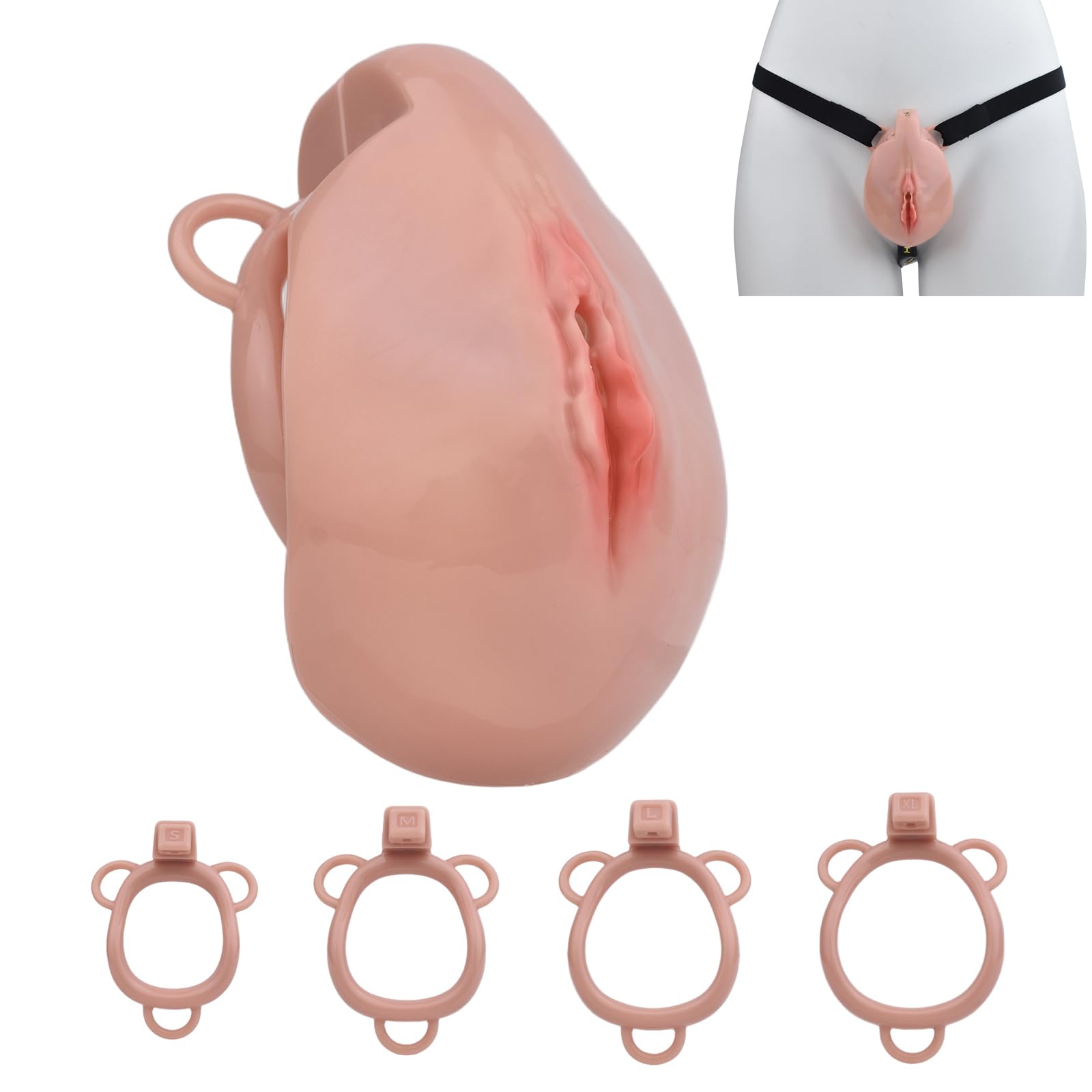 Sissy Chastity Cage Hommes avec Ceinture Réglable et 4 Anneaux Amovibles, Cage à Pénis en Résine 3D Jouets Sexuels pour le Bondage du Pénis, Design Léger et Respirant (Flesh)