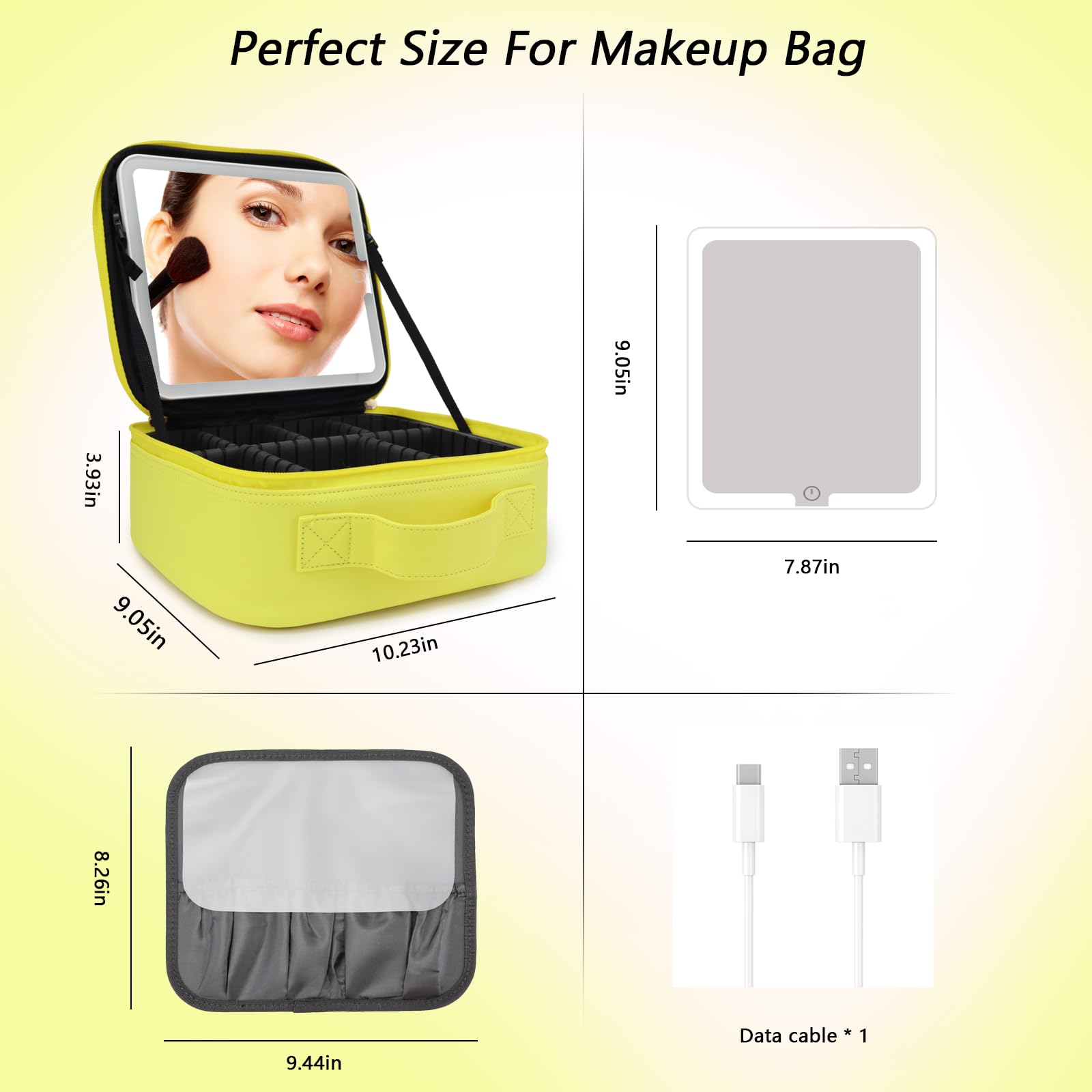 Beauty case con specchio a LED, organizer da viaggio con 3 impostazioni di illuminazione, divisori regolabili e contenitore per pennelli da trucco, 9 giallo