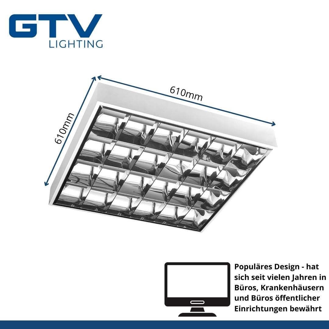 GTV - LED Rasterleuchte 4x60cm T8 Anbau - Leuchten Rasteranbauleuchte Stahlblech vorverdrahtet für Led Röhren Büroleuchte Deckenleuchte Deckenlampe Bürolampe (Ohne Leuchtmittel)