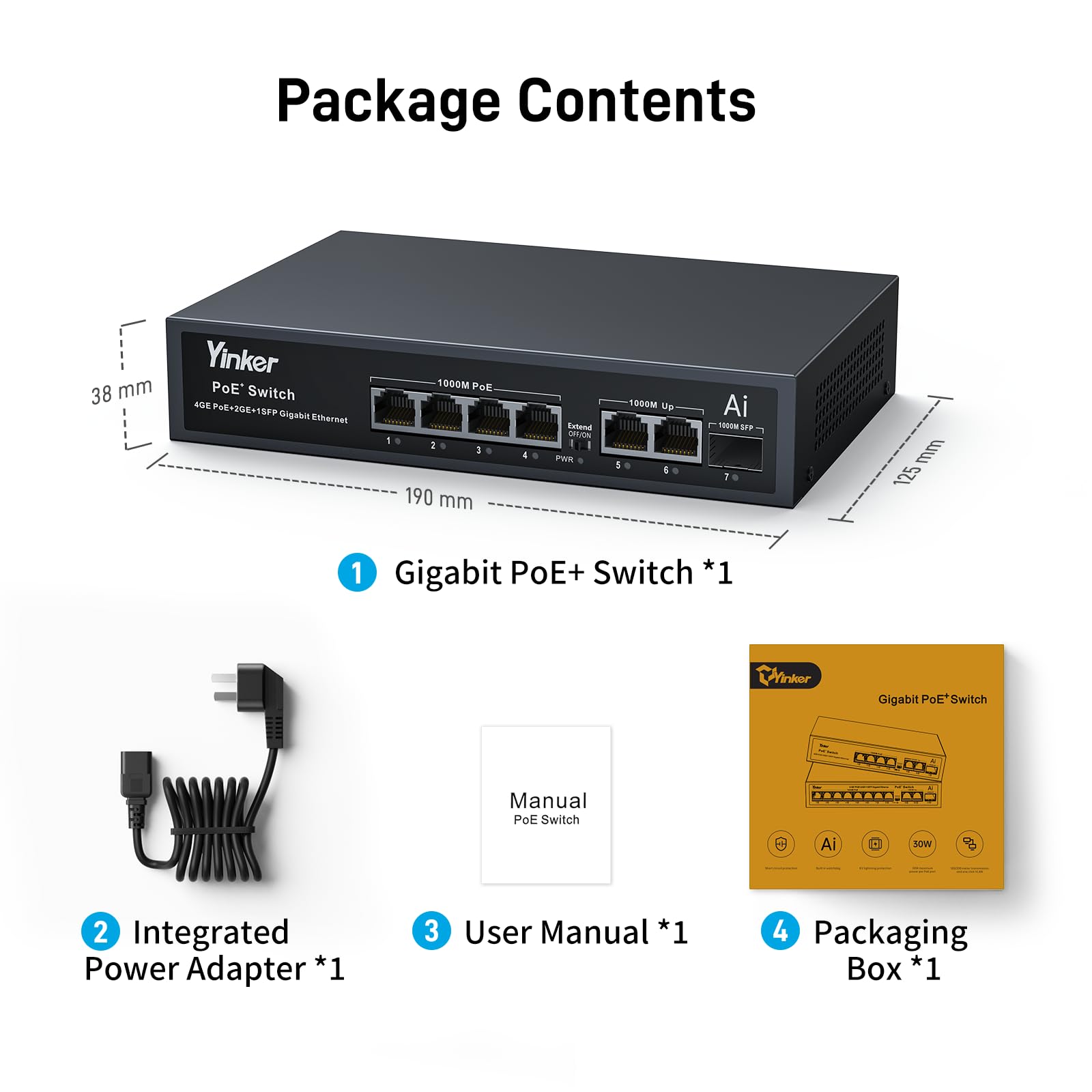 Switch PoE Gigabit 7 Porte 65W, 4 PoE+ 2 Uplink Gigabit + Slot SFP Fibra, Modalità 250m/VLAN, AI Recupero Automatico, Metallo Silenzioso per Videosorveglianza IP