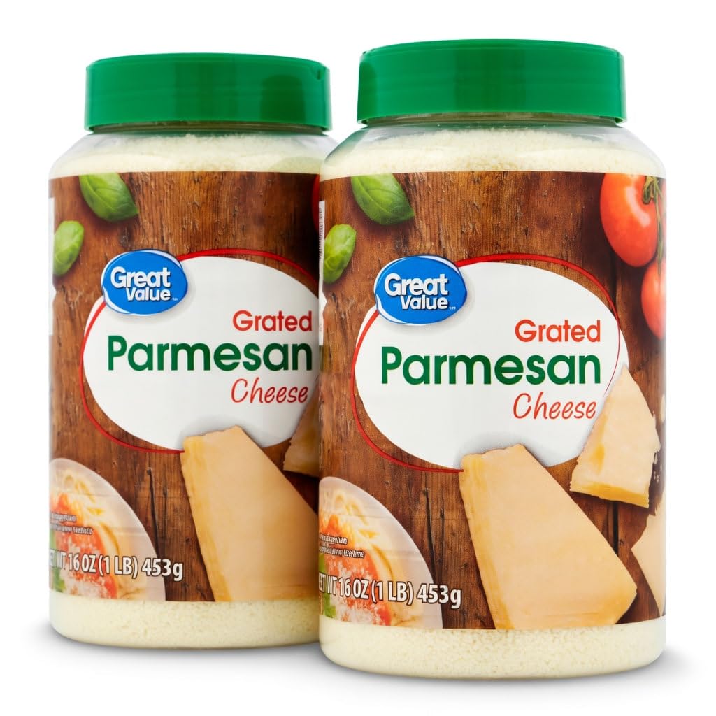 Great Value Grated Parmesan Cheese, 16 oz Flip-Top Bottle, 2 Pack, Gluten-Free, Shelf-Stable