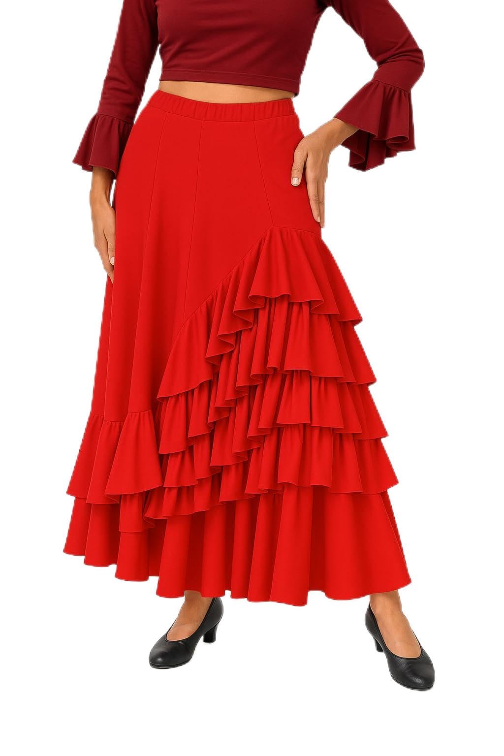 Falda Flamenca con 5 Volantes para Baile Profesional y Ensayo, Gran Vuelo y Tejido Elástico