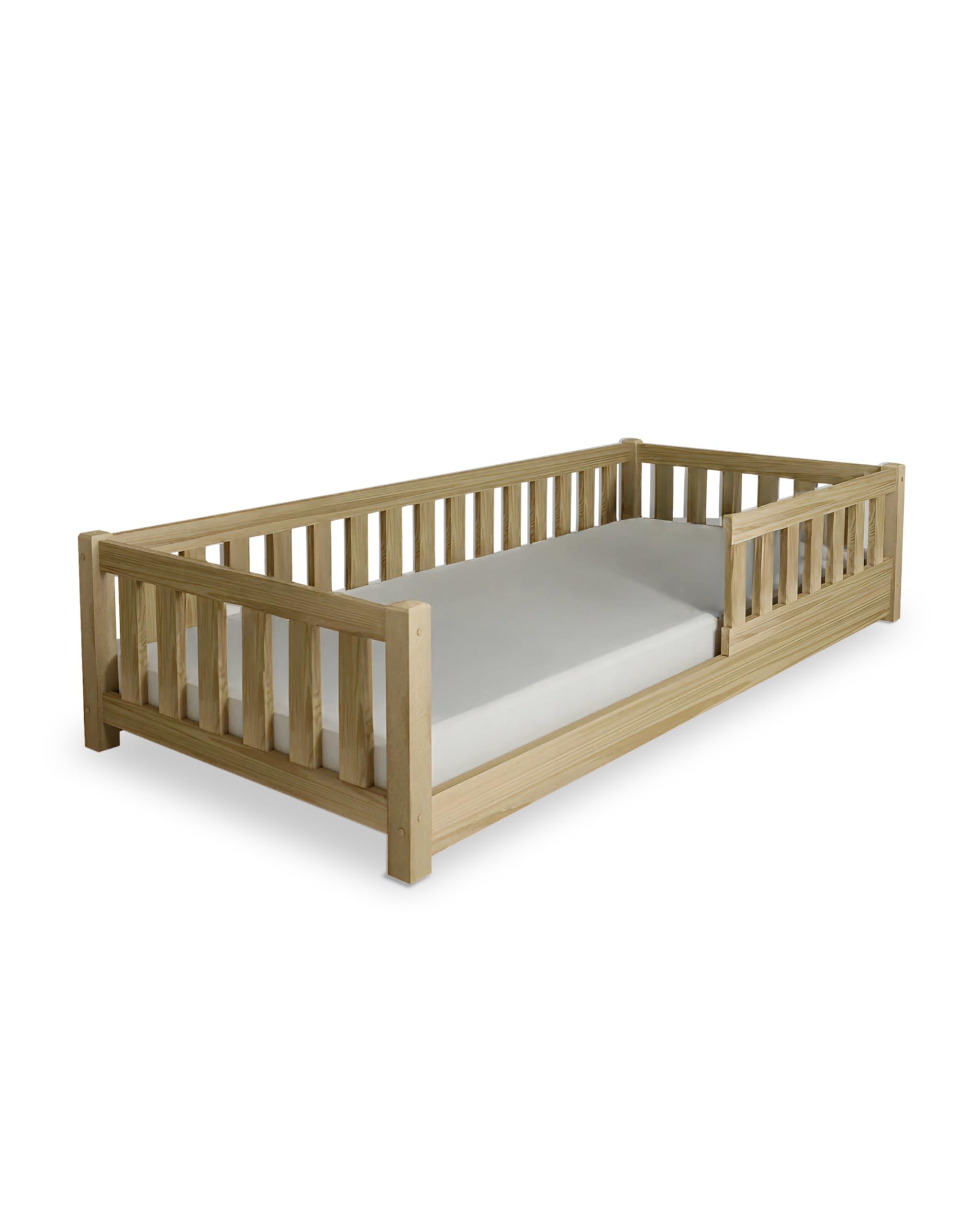 EcoBeds LULU Plus Bodenbett 90x200 cm Kiefer Massivholz bis 150 kg | Natur Lackiert - mit Rausfallschutz und 18 cm Füßen, für Kinder, stabil, robust, einfache Montage