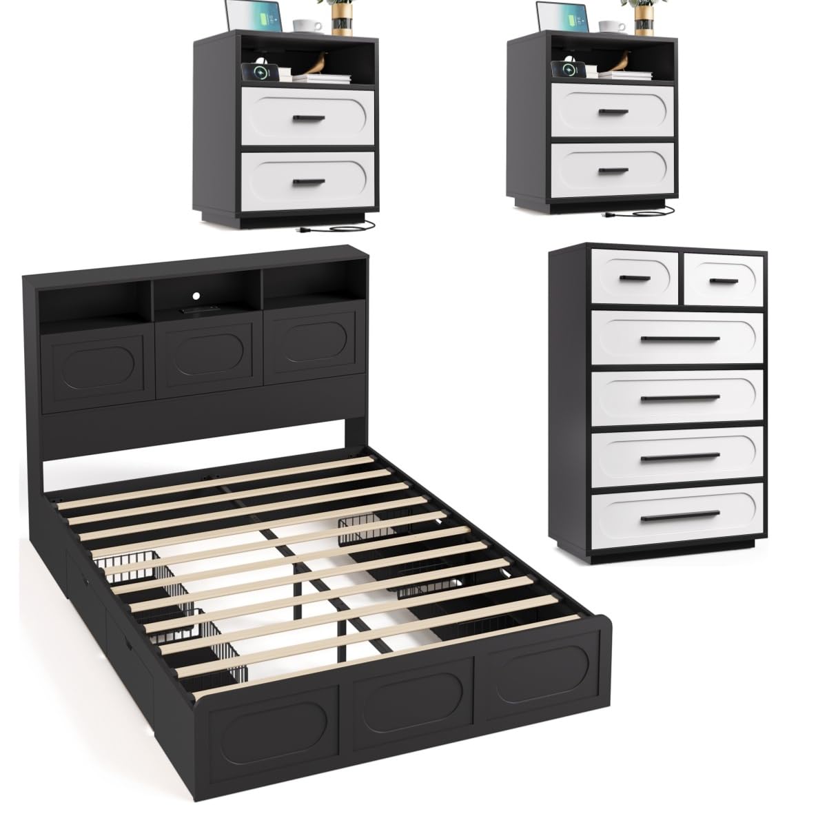 4 Pieces Bedroom Set, Queen Size Bed Frame with Storage Headboard, 44" Tall 6 Drawer Dresser, 2 Nightstands with Charging Station, Black