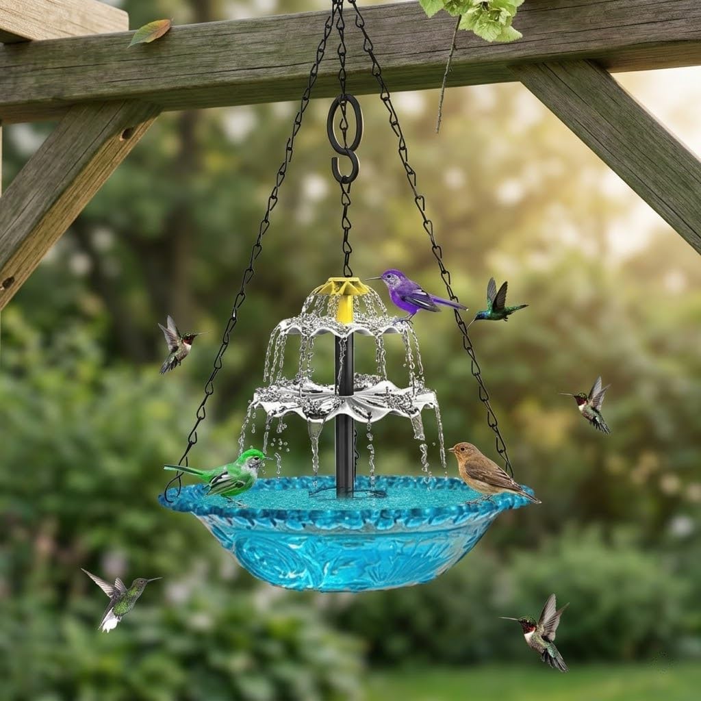Solar Cascade Hanging Bird Bath Fountain, Solar Powered Hanging Bird Bath with Glass Bowl, Outdoor Hanging Birdbath Water Fountain for Hummingbirds, Garden Patio Yard Decor, Blue (red)