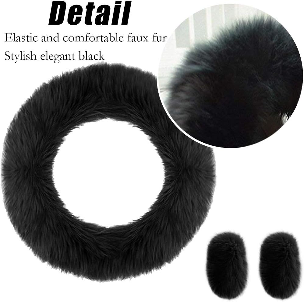 Fashion Fluffy Steering Wheel Covers for Women,STEVE YIWU Warm Winter Australian Pure Wool Fuzzy Steering Wheel Cover with Furry Handbrake Cover & Gear Shift Cover 1 Set 3 Pcs (Black) image 2