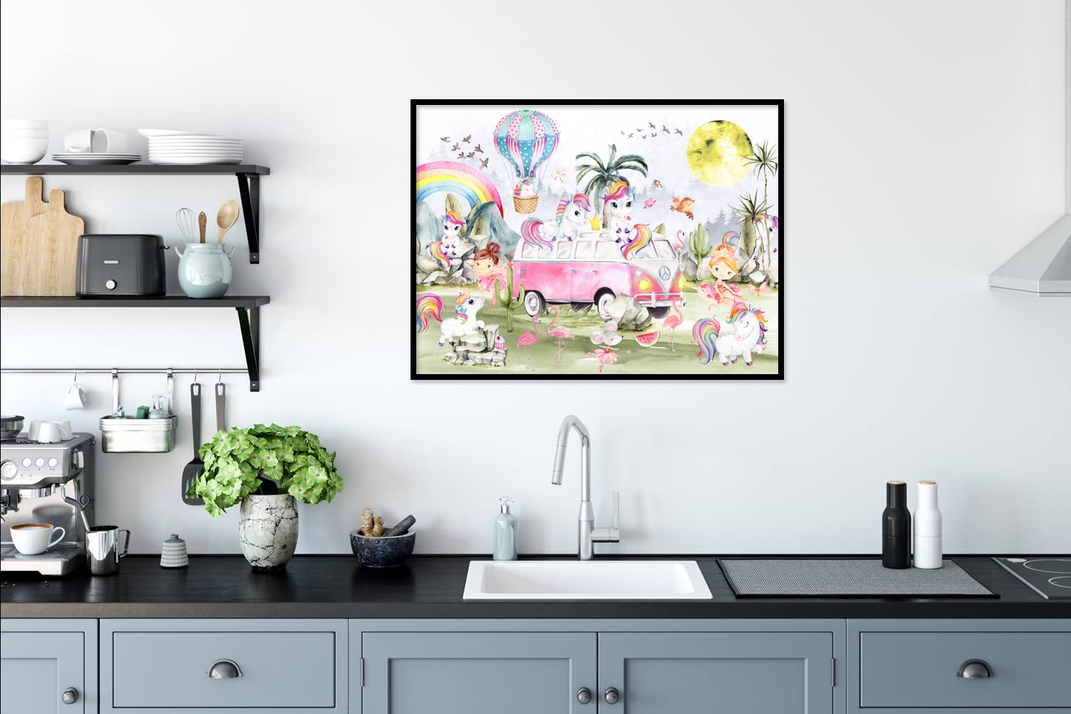 Poster Bilder Wanddeko Deko Wohnzimmer 80x60 cm Einhorn - Regenbogen - Kinder - Mädchen - Auto