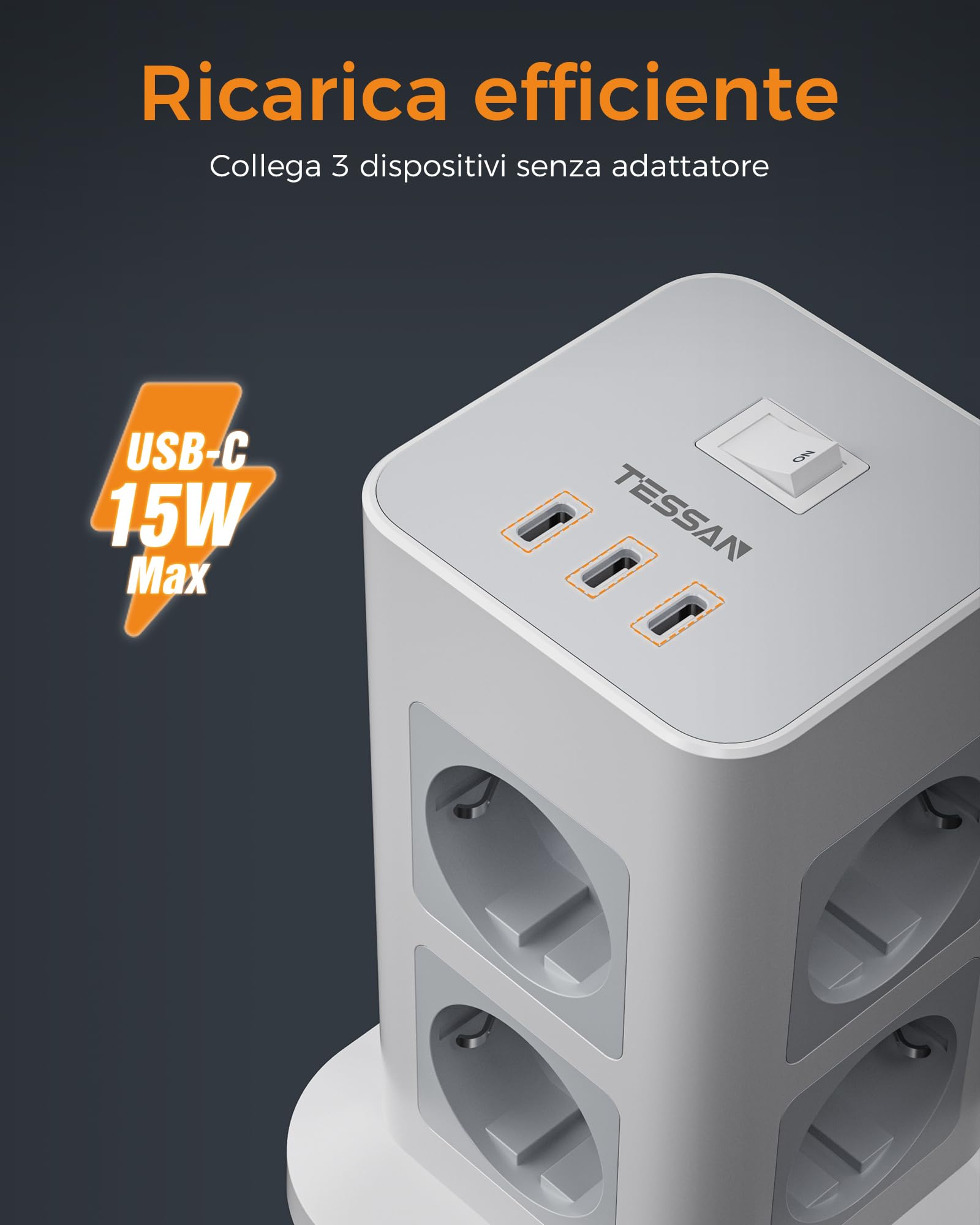 TESSAN 8 Prese Ciabatta Multipresa con 3 USB C, Ciabatta Elettrica con Protezione da Sovratensione 1700J, Ciabatta Elettrica con Interruttore, Multipresa da Scrivania 16A con Prolunga 2M, 3600W