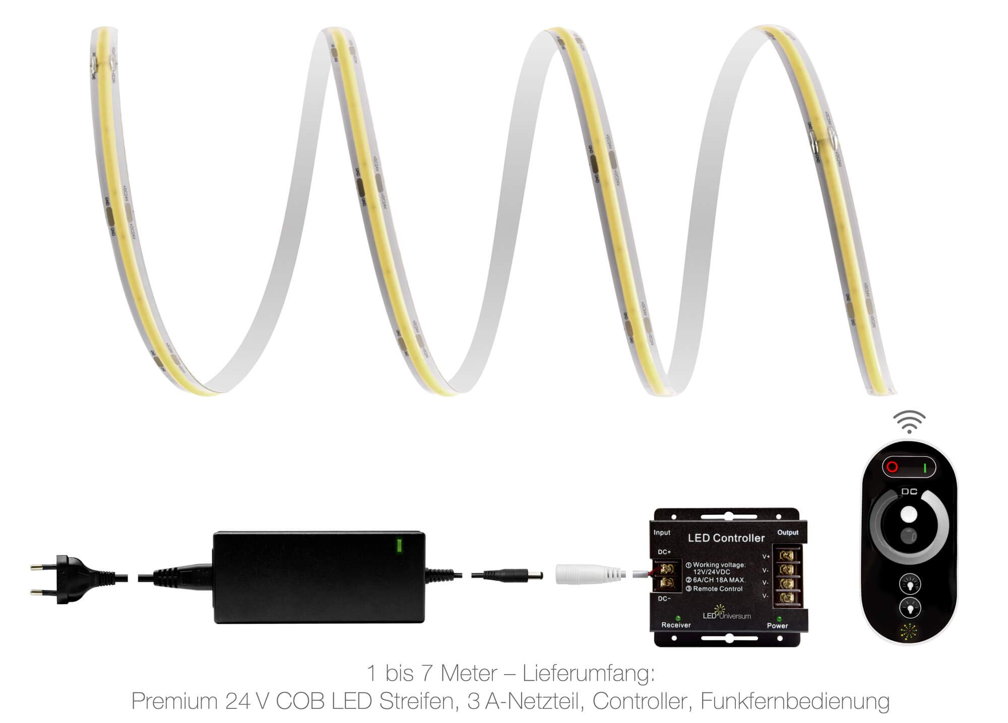 LED Universum Juego de tiras LED COB de color blanco frío, con mando a distancia, controlador y fuente de alimentación, filamento prémium, 24 V, IP65, luz blanca fría (3 metros)