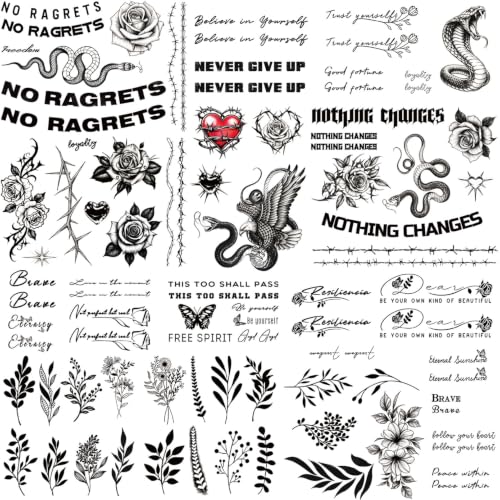 Motivational English Temporary Tattoos, Detailed Floral Waterproof Stickers