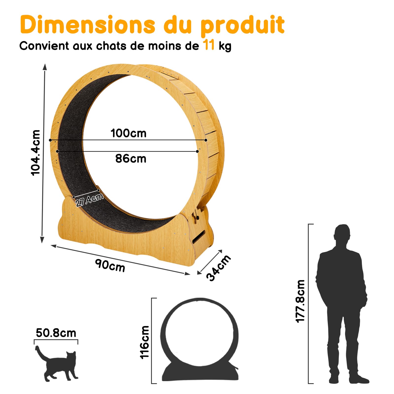 LEADZM Ruota di esercizio per gatti 100 cm, ruota per gatti di grandi dimensioni, pannello in fibra ad alta densità, resistente ai graffi, stabile e silenziosa, peso massimo 11 kg, colore del legno