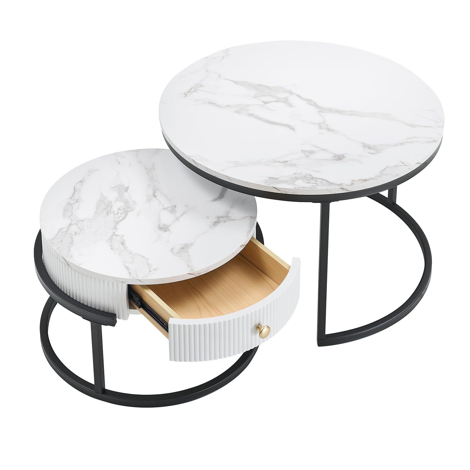 Tavolo Rotondo con cassetto, Tavolino Salotto Moderno con cornice nere, Tavolo Soggiorno con effetto marmo, set di 2 pezzi da Tavolino Rotondo