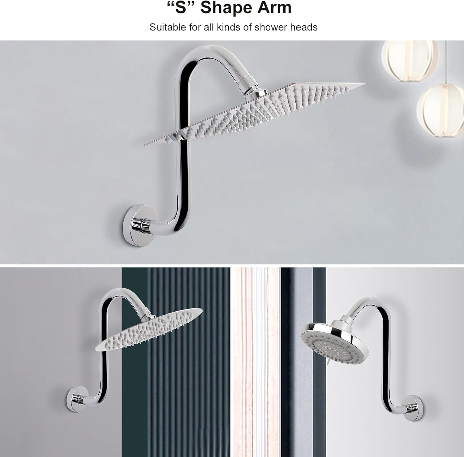 NearMoon S Shaped Shower Head Riser Arm, Shower Extender Arm with Flange, Standard 1/2" Connection- Bathroom Accessory (10 Inch, Chrome)