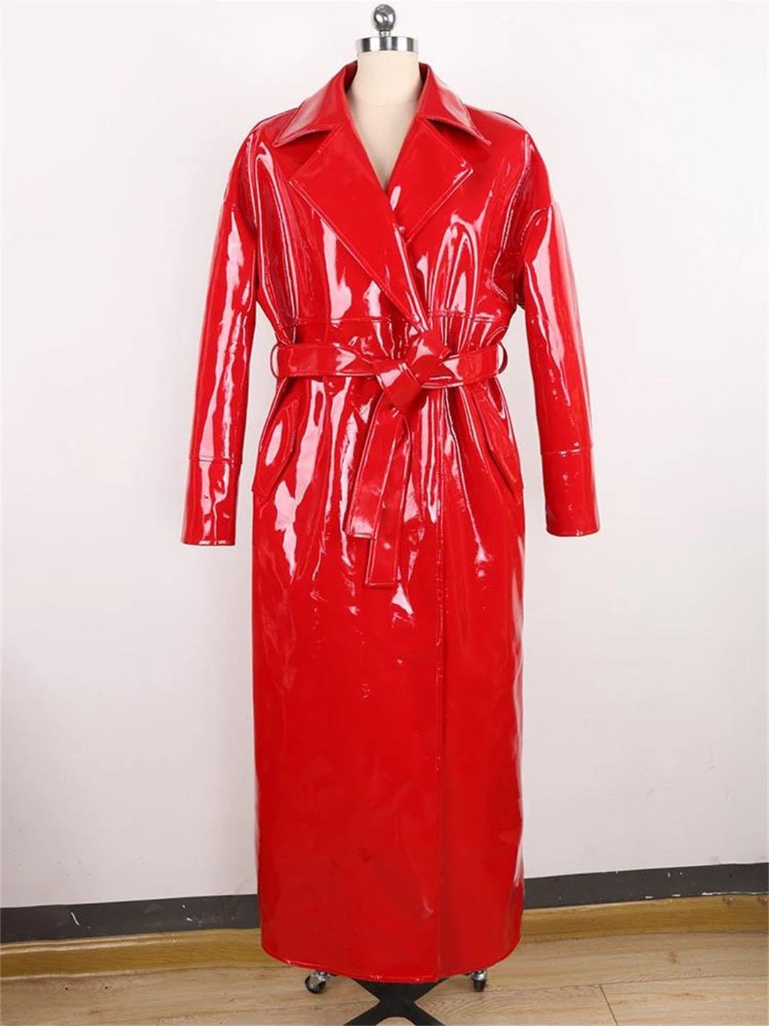 Women Spring Long Shiny Reflective Red Faux Patent Leather Trench Coat Loose Casual Coat