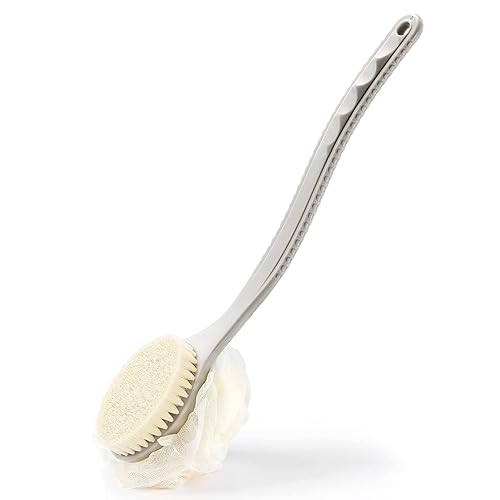 Cepillo de ducha con cerdas y esponja, esponja de malla de baño con mango largo curvado para baño exfoliante para la piel, cerdas de masaje