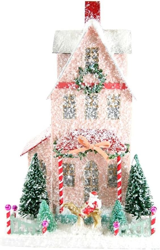 Cody Foster & Co Snowy Pink with Santa Figure Christmas Mantel House, Multicolor