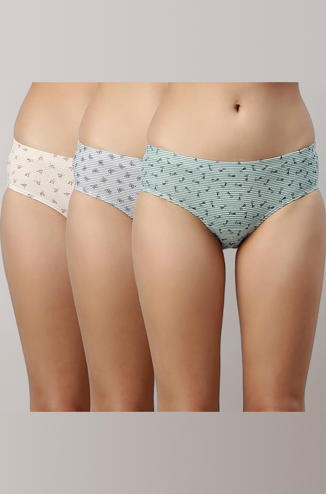 Stretchable Cotton Hipster Panties for Women, Full Coverage Grip Fit Inner Elastic with Antimicrobial & Stain Release Technology - Color and Print May Vary - CR17 (Pack of 3)
