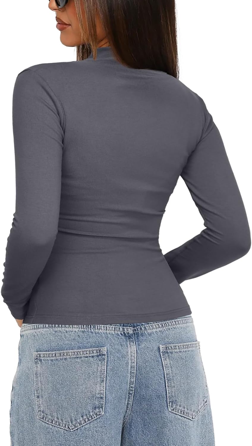 Darong Women Mock Turtle Neck Long Sleeve T Shirt Casual Slim Fitted Ruched Going Out Top - Image 2