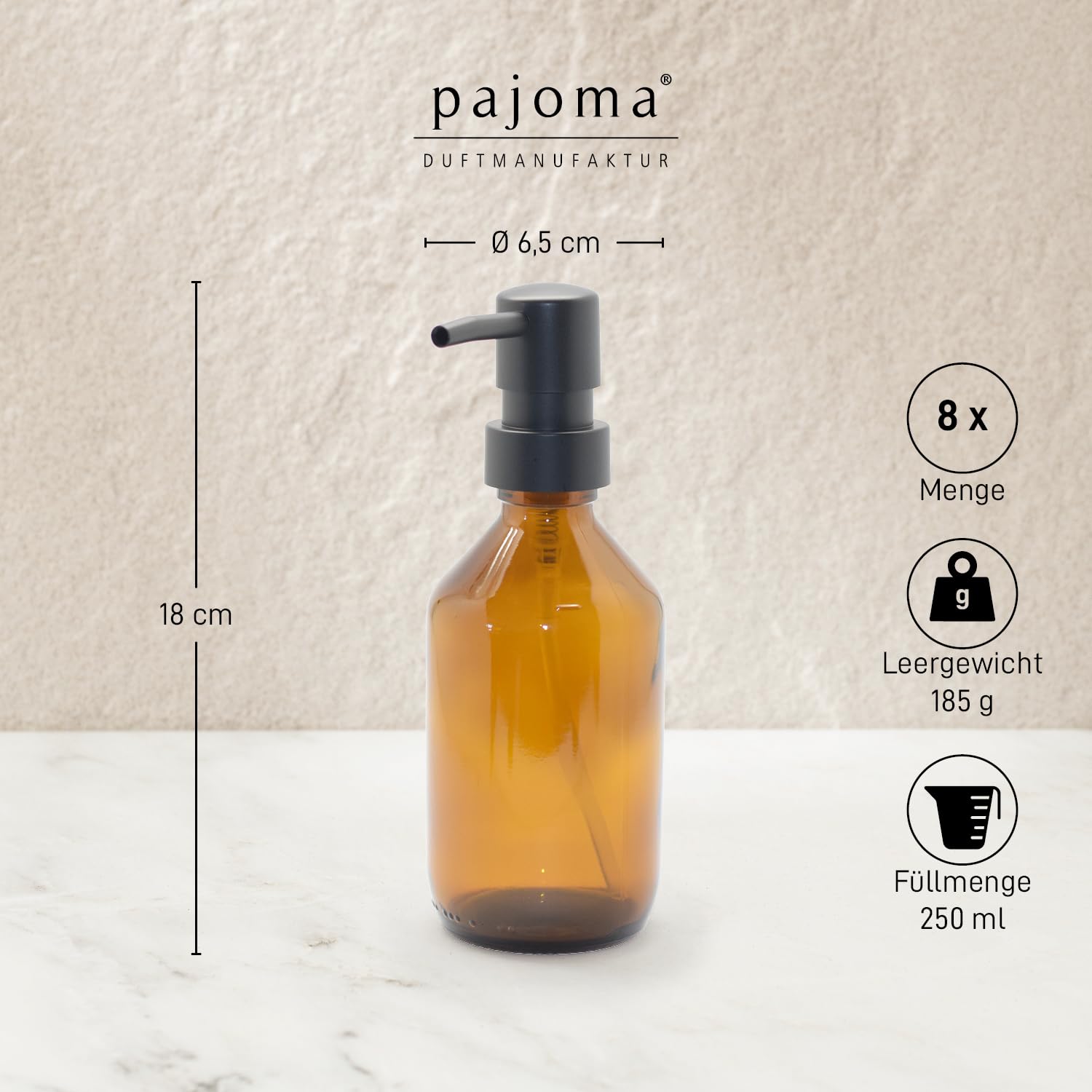 8 dispenser di sapone da 250 ml in vetro – bottiglia di vetro ambrato |Ø 6,5 x 18 cm – con testa pompa nera | elegante dispenser per sapone a mano e dispenser – ideale per cucina, bagno e doccia