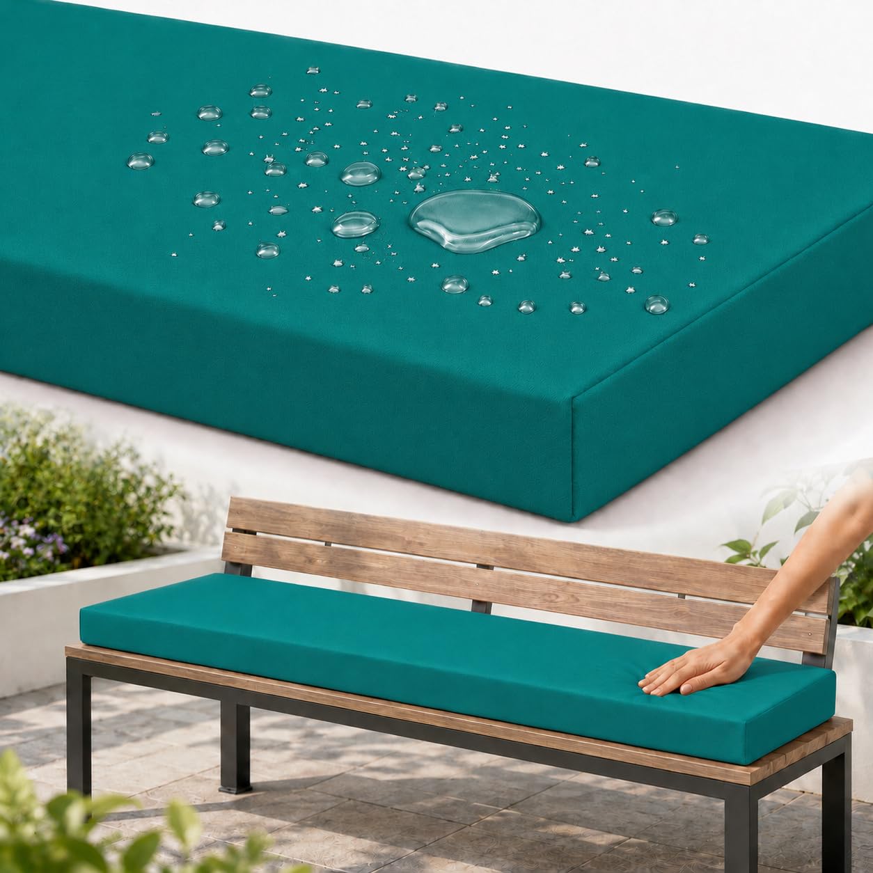 AZMAHT Bench Cushion Outdoor, Garden Bench Cushion with Waterproof Polyester Cover, 50D Foam, Non-Slip Base, 2 Ties, Removable Zip Cover for Patio, Bay Window, Garden Swing,Dark Green,150x50x5cm