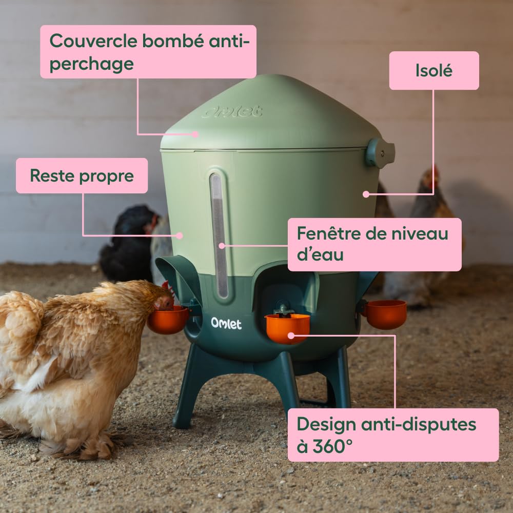 Omlet Abreuvoir isolé pour Poules 11 L | Eau Plus Propre Plus Longtemps | Distribution Automatique Hygiénique | Embouts Tasse et tétine Inclus | sans BPA | Vert Sauge