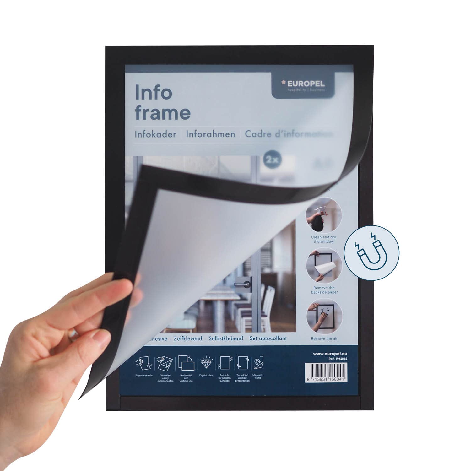 EUROPEL Samoprzylepna magnetyczna ramka informacyjna z PCW, A4 czarna, zestaw 2 sztuk, łatwe odklejanie za pomocą magnesu, dwustronna, format pionowy lub poziomy, 32,5 x 23,8 cm