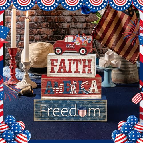 Britimes 4 Pcs Memorial Day Decor Patriotic Tiered Tray Decorations Set, 4th of July Table Sign Farmhouse Red White Blue Rustic Wooden Block Stack Sign for Home Fireplace Mantel (Independence Day Car) - Image 3
