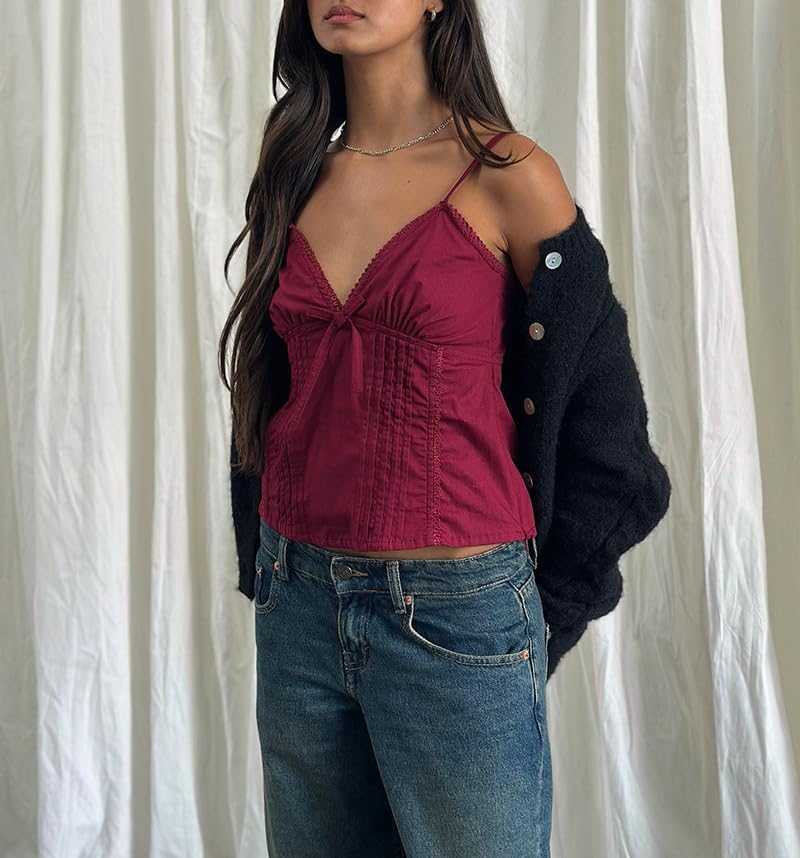 Women Y2k Tank Tops Spaghetti Strap V Neck Babydoll Cami Top Lace Trim Summer Going Out Peplum Camisoles - Image 3