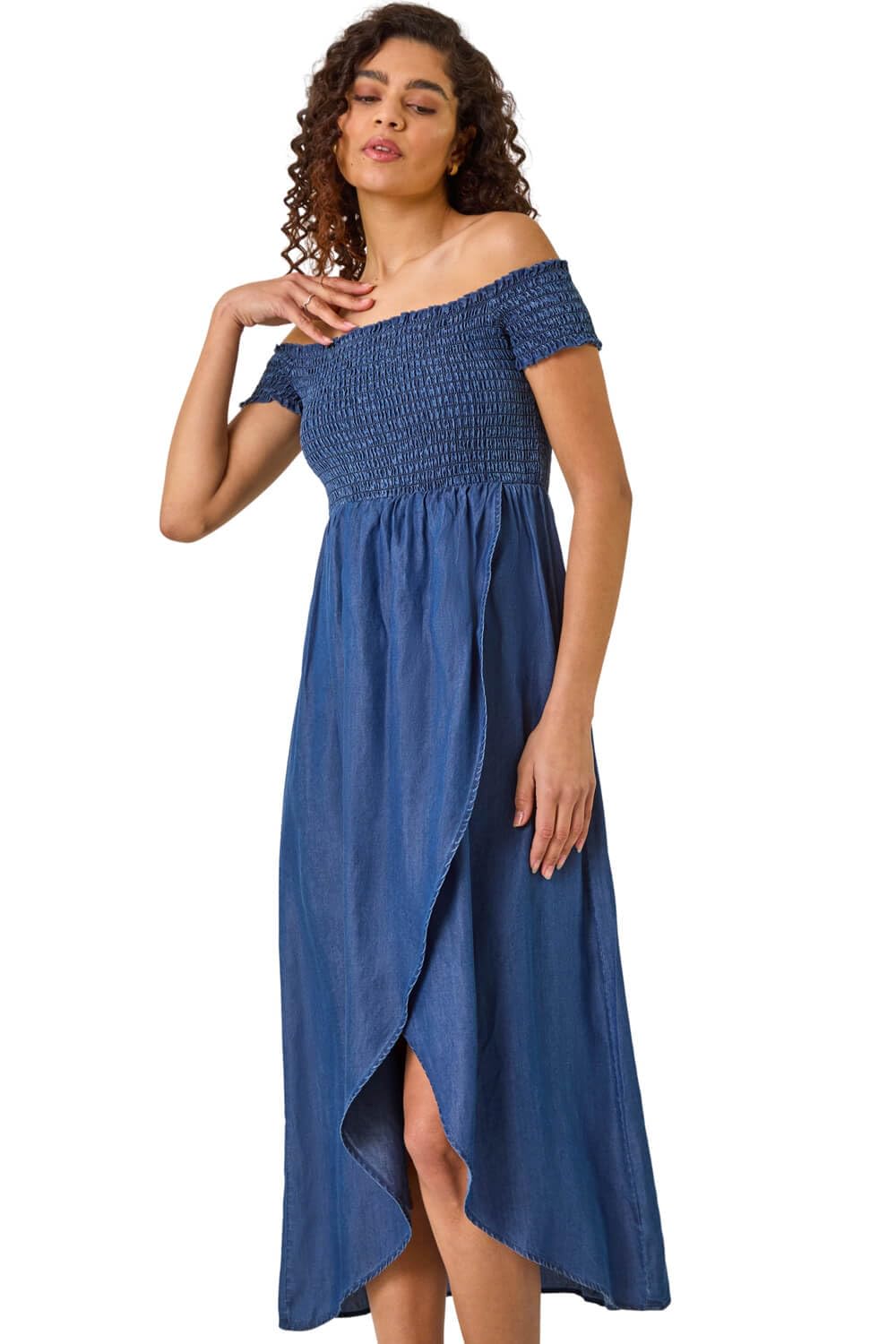 Roman Originals Women's Denim Bardot Dress For Uk Shirred Chest Off Shoulder Cold Shoulder Maxi Midi Summer Beach Holiday Sleeveless Garden Cocktail Party Elasticated - Size 20