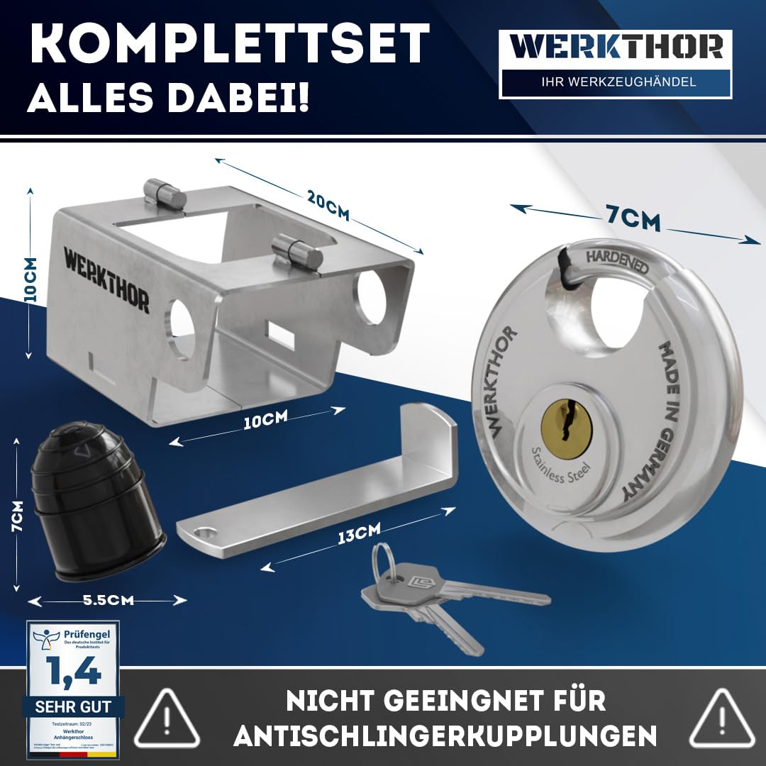 WERKTHOR Anhängerschloss - TEST SEHR GUT Kastenschloss Anhänger - Anhänger Diebstahlschutz Angekoppelte & Abgekoppelte -Edelstahl Anhänger Schloss - Schloss für Anhänger - Schlüsselschloss