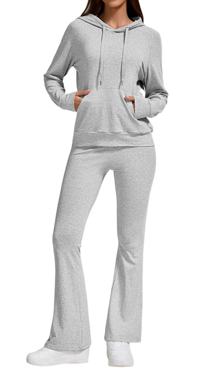 YETOWA Elegante tuta da donna in 2 pezzi, felpa con cappuccio e pantaloni svasati, perfetti per abbigliamento casual attivo