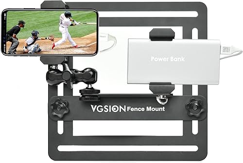 Soporte de valla para cámara de acción/teléfono para juego de béisbol/tenis, ángulo ajustable, clips duales, soporte de banco de energía, compatible