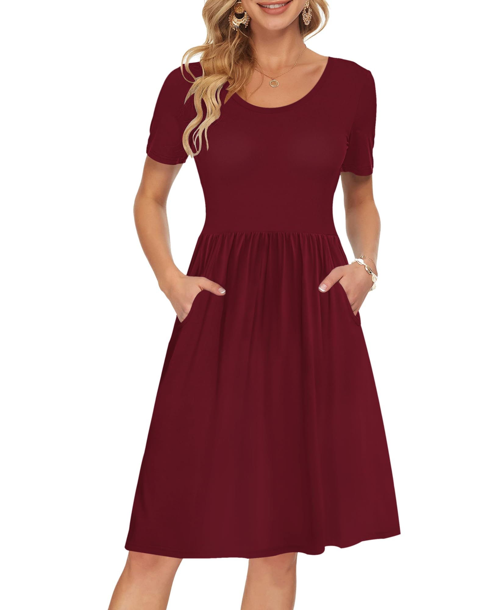 Womens Short Sleeve Empire Waist Dress Pleated Loose Swing Knee