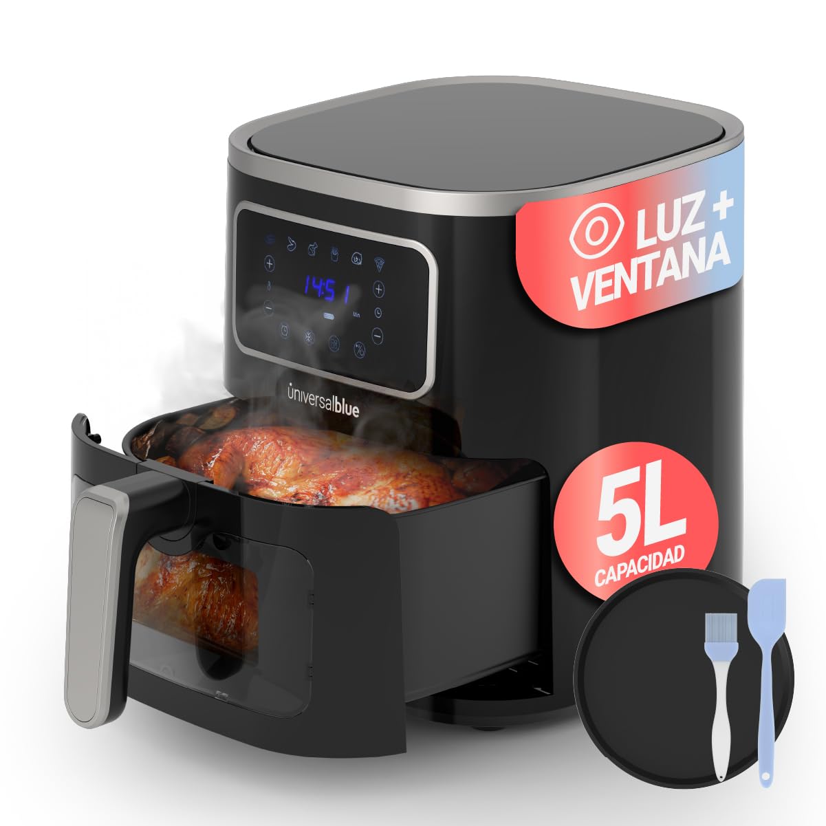 UNIVERSALBLUE Freidora de Aire Sin Aceite 5 L | Air Fryer Grande con Ventana Transparente 4-5 Personas | Control Táctil y Temporizador | 8 Programas de Cocina | Bandeja, Pincel y Espátula