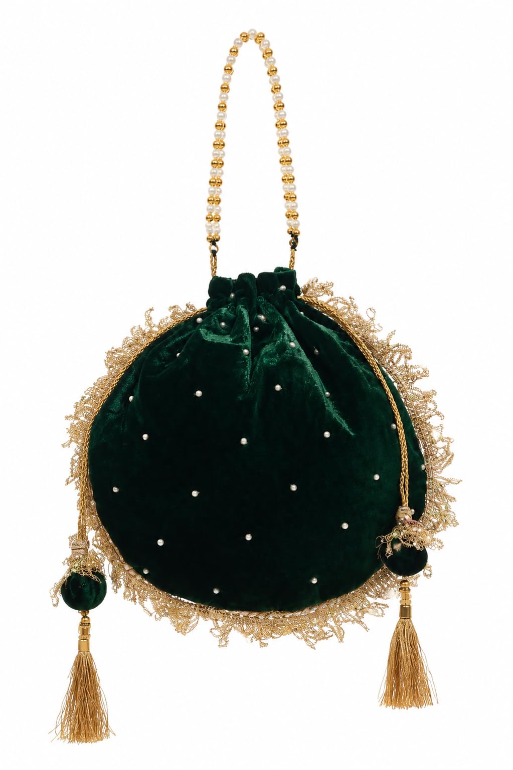Emerald Green Velvet Potli Bag with Pearl Embellishments-image-47