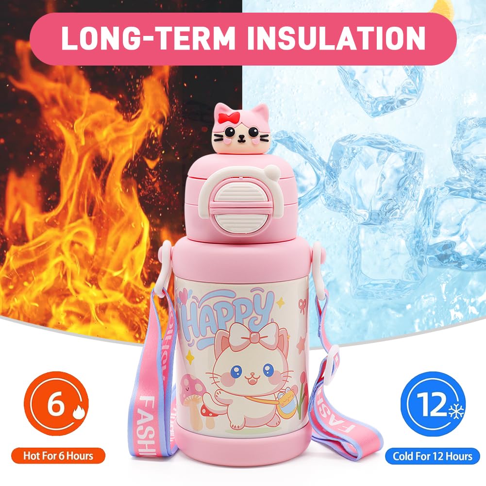 Borraccia Termica per Bambini, Bottiglia d'Acqua con Cannuccia, Cartone Animato Gattino Borraccia Inox, Bottiglia Termica Isolato per Scuola, Ufficio e attività all'aperto Borracce 500ml