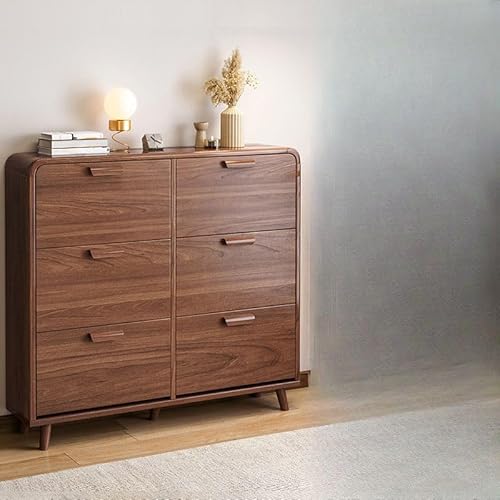 3つのフリップ引き出し付きシューズキャビネット、木製ティッピングバケツシューズラックオーガナイザー、壁取り付け式ナローシューズラック、玄関、廊下、寝室用、内側1段 (ウォールナット、長さ31.5インチ x 幅6.5インチ x 高さ47インチ) (ウォールナ