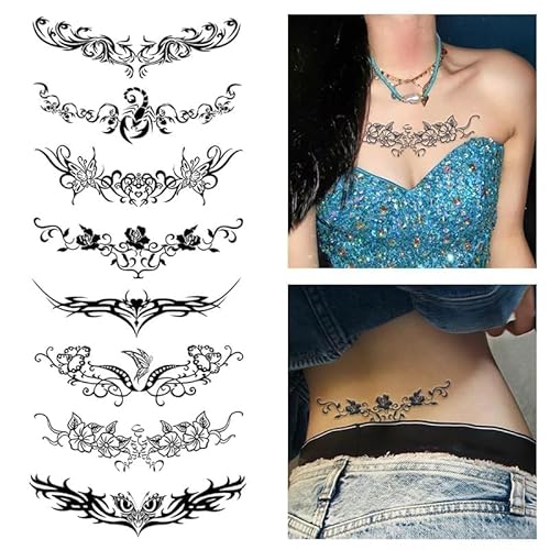 CARGEN Sexy Succubus Belly Temporary Tattoos -8 Sheets Of Black Devil's Heart Design Uterus Tattoo Stickers for Waterproof Fake Tattoos on Belly Chest Back Waist for Adult Girls and Women