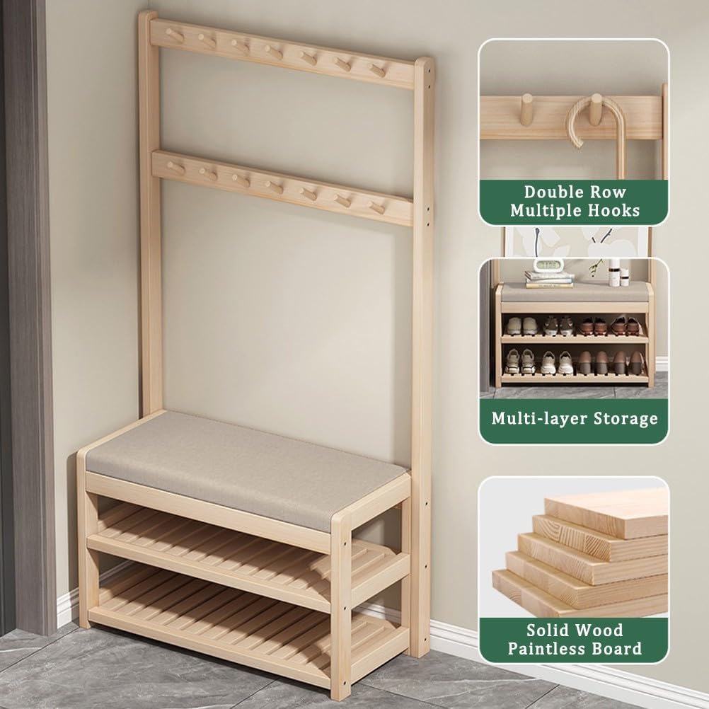 Coat Rack Hall Tree, with Bench, Shoe Rack and Coat Rack 3-in-1 Entryway Shoe Storage Cabinet, 3 Tier Shoe Shelf Storage Organizer Rack