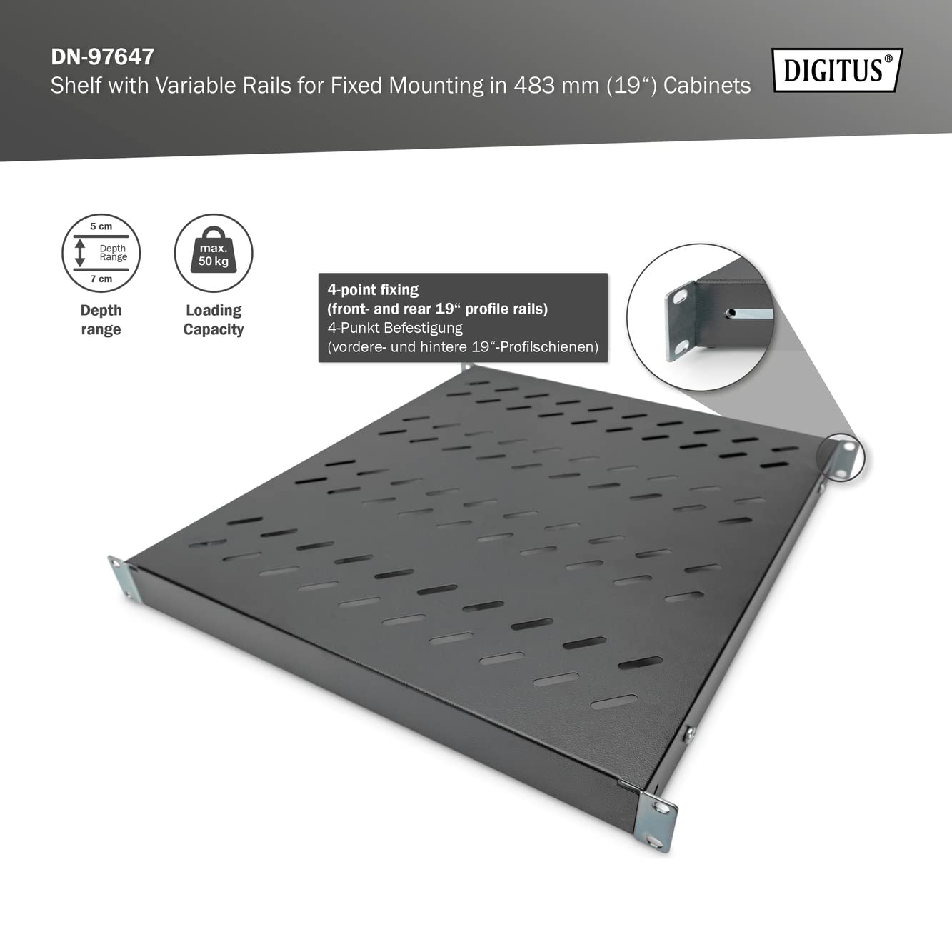 DIGITUS Estante - Profundidad variable - Para instalación fija - 19 pulgadas - 1U - Capacidad de carga 50 kg - Para armarios de red y servidores - A partir de 800 mm de profundidad de armario - Negro