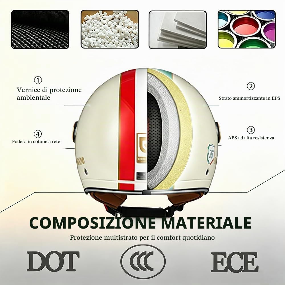 Caschi da Moto per Adulti con Visiera, Certificato ECE Copricapo Casco Aperto, Soddisfare la Sicurezza Stradale, Vintage Casco Jet, per Cruiser Scooter Touring (57~62CM)