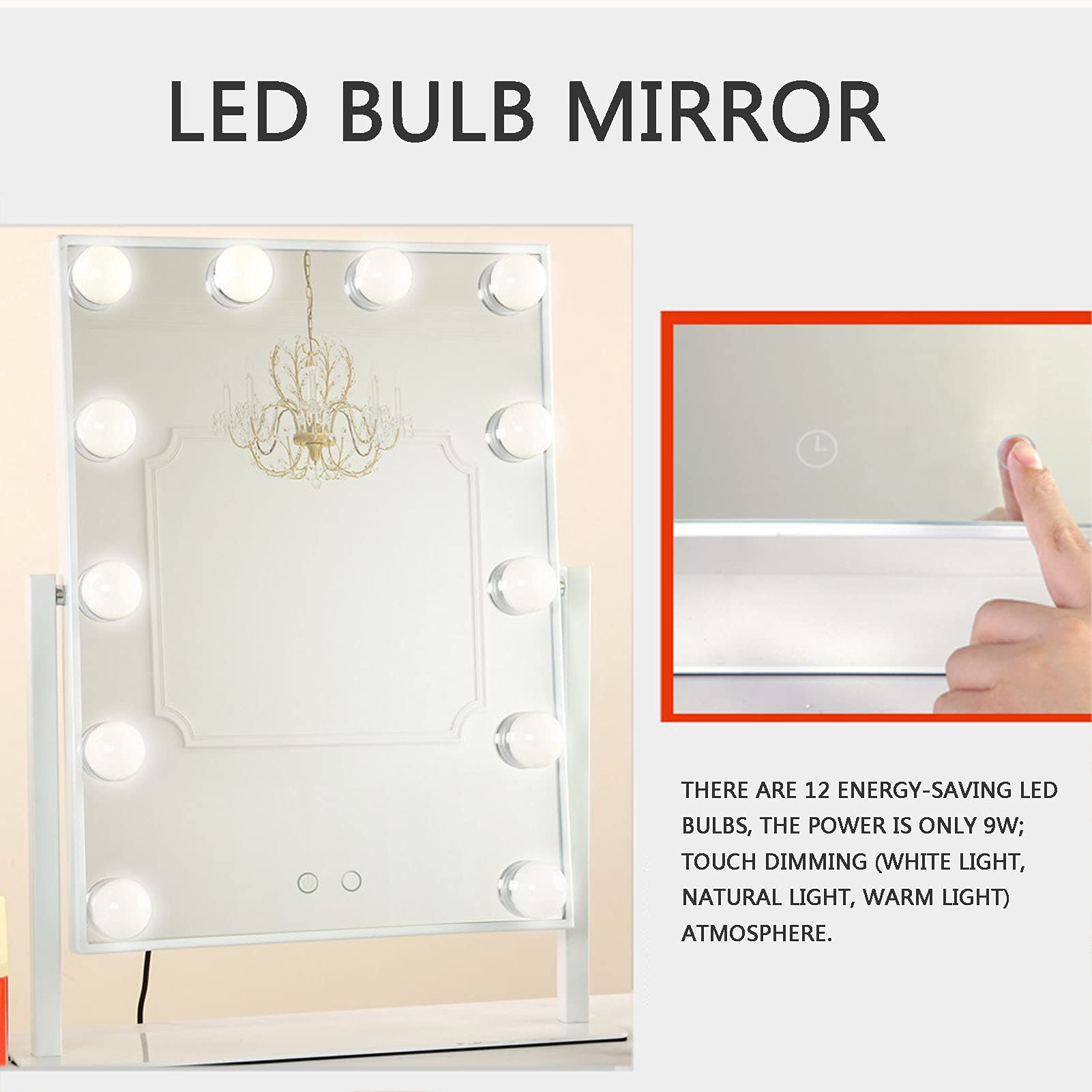 ANTENLICHT Make-upspiegel met verlichting, 3 kleurmodi, dimbare led-make- upspiegel met licht, Hollywood-spiegel, zwarte make-upspiegel met verlichting, touch control tafelspiegel
