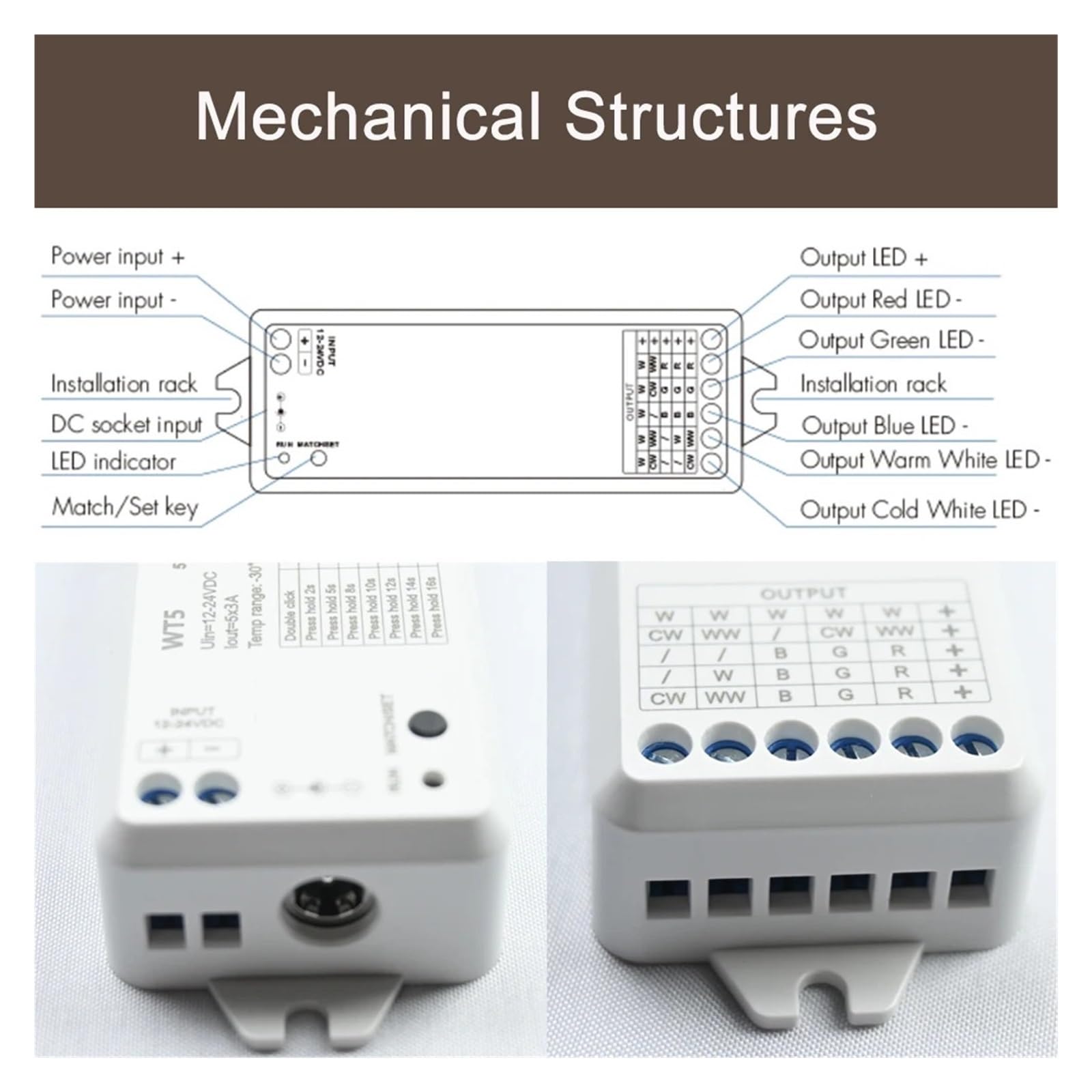 LED Dimmer Controller 5 in 1 Control 2.4G Glass Wall Mount Touch Panel RGB RGBW RGBCCT LED Dimmer Controller Kit 5CH 12V 24V Dimmer(WT5 Only)