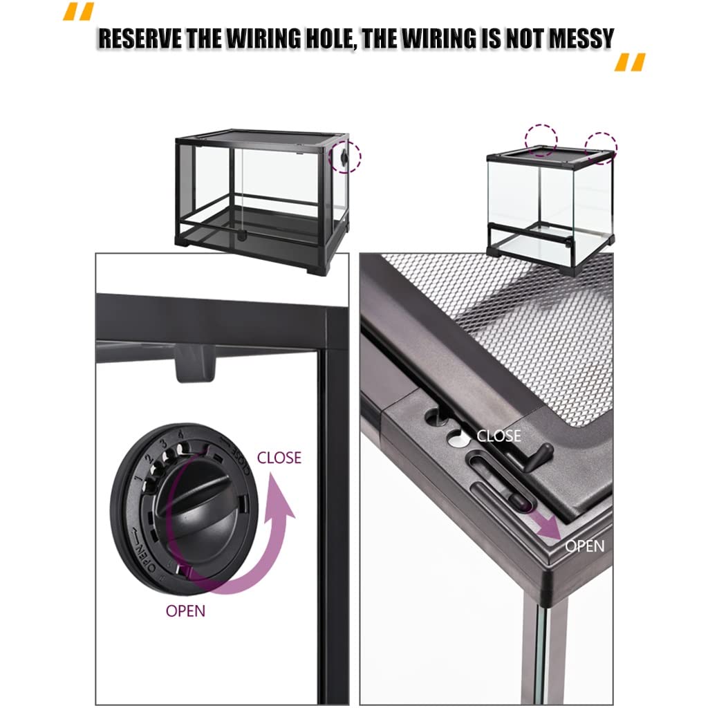 Terrario de vidrio grande para reptiles, anfibios, caja de cría de hábitat de vidrio, pantalla superior con vista completa, ventilación y diseño de bloqueo de seguridad para pequeños (negro 60x45x45cm