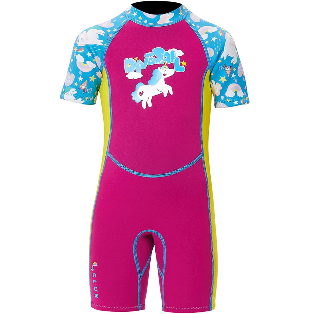 Kinder Neoprenanzug Mädchen Jungen Kurzarm Wäremehaltung UV-Schutz 2.5mm Neopren Tauchanzug Einteiliger kurzärmelig Badeanzug Reißverschluss warm Wetsuit Wassersport Einhörn XXL